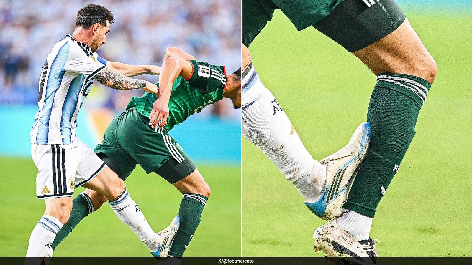 Messi đạp thẳng gầm giày vào bắp chân của hậu vệ Algeria - Aissa Mandi
